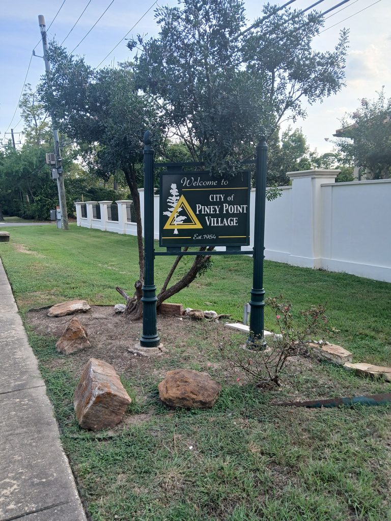Piney Point Village city limit sign in Houston’s Memorial Villages area.
